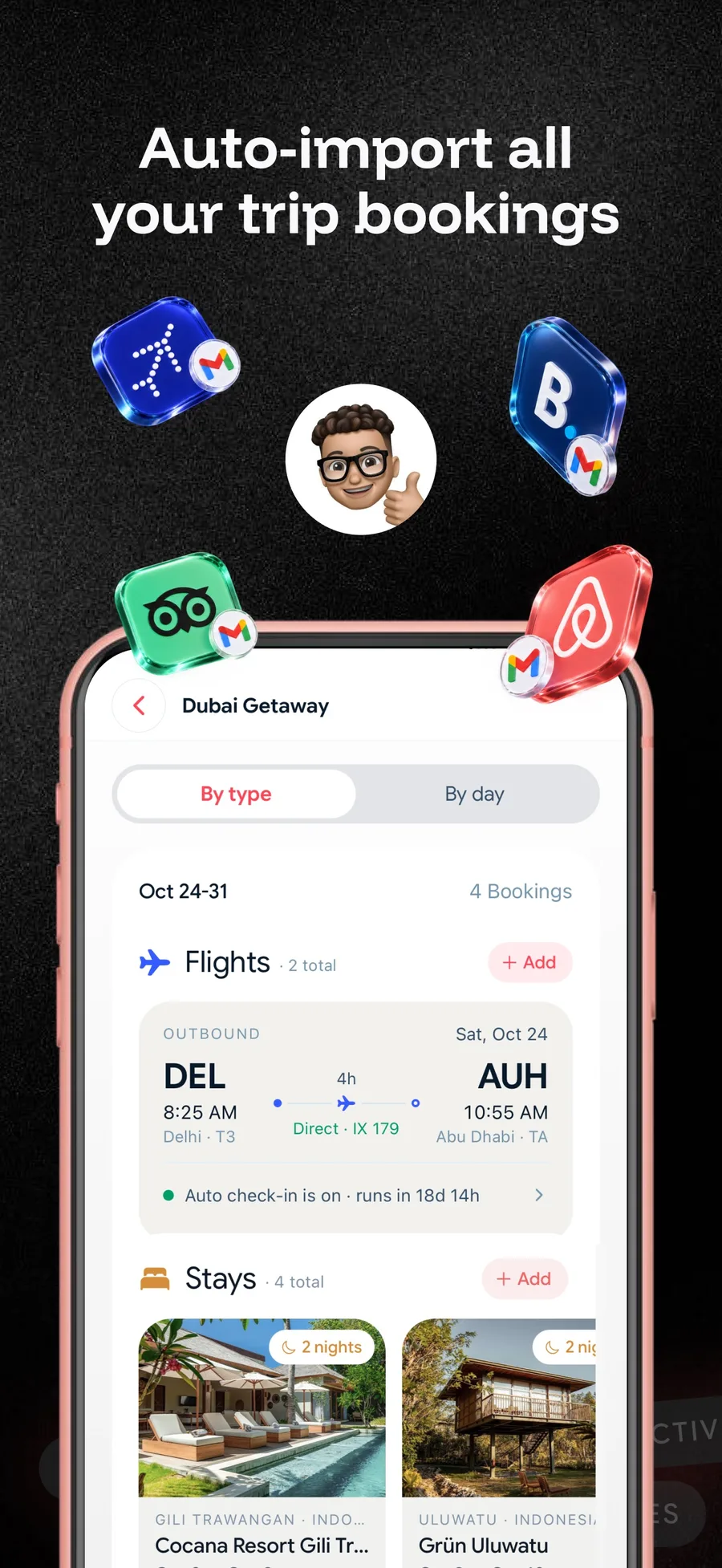 Tripmojo auto-importing a trip's flights and stays into one itinerary