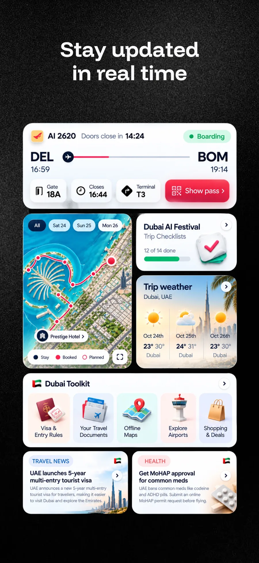 Tripmojo live flight card with gate, terminal and boarding status next to the trip map and toolkit