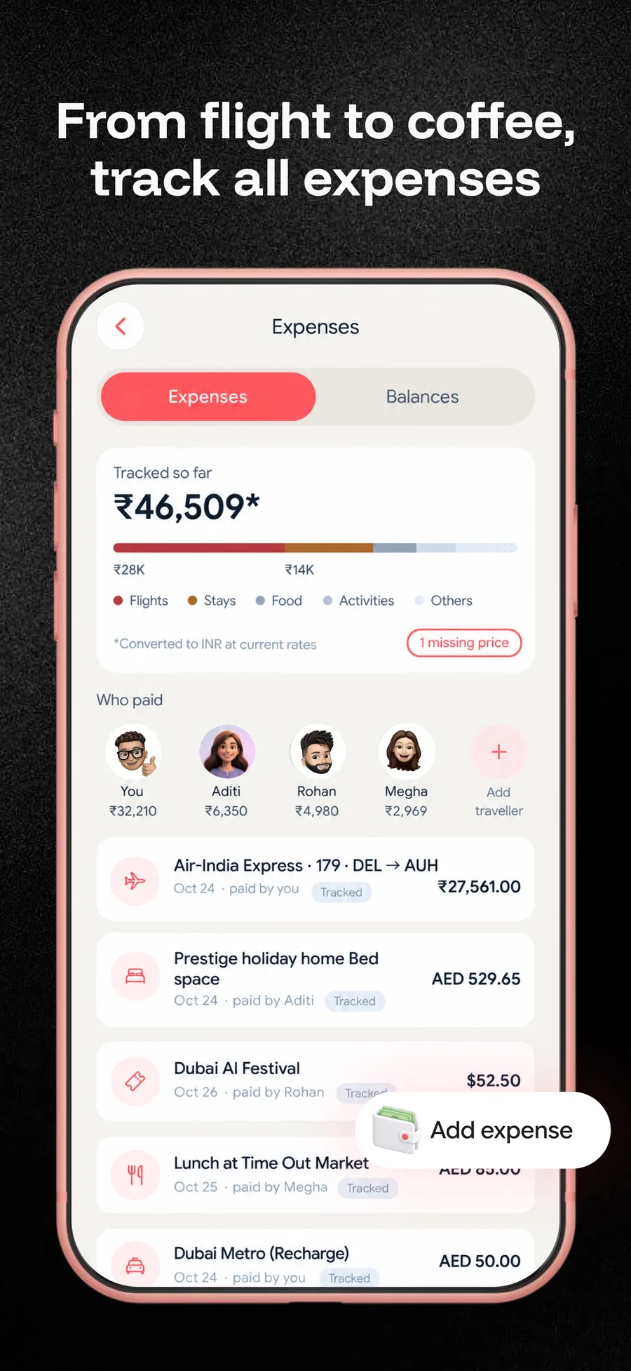 Tripmojo expense tracker splitting a trip's flights, stays and meals between travellers