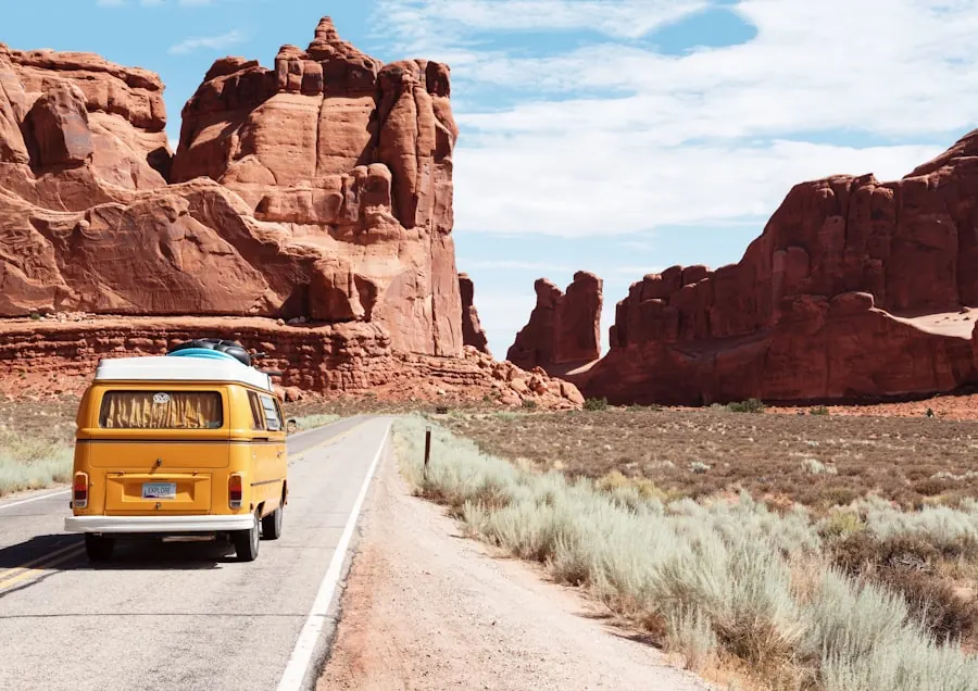 A camper van on a desert road trip