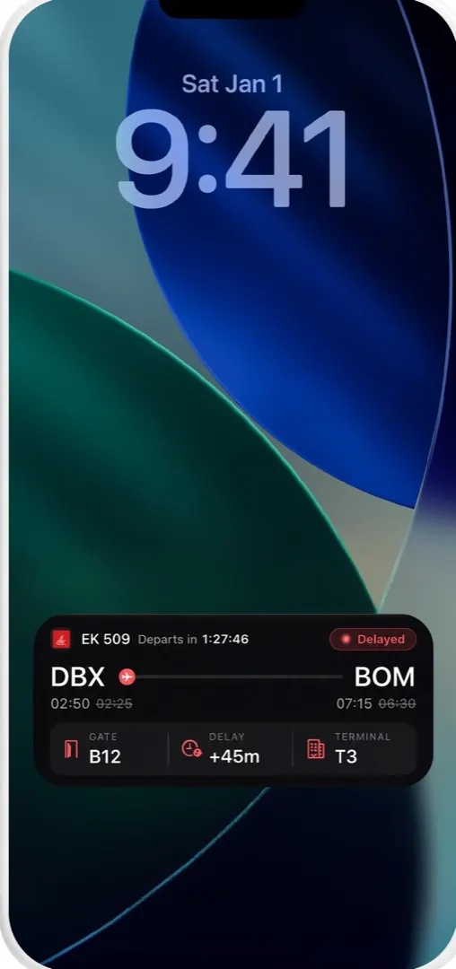 Tripmojo lock-screen flight alert showing a delay with the new gate and terminal