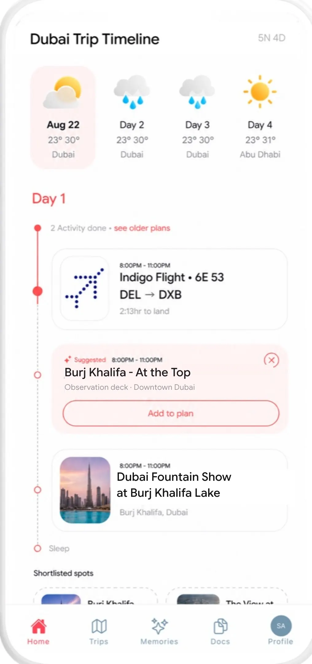 Tripmojo day-by-day trip timeline with weather forecast and a suggested activity to add