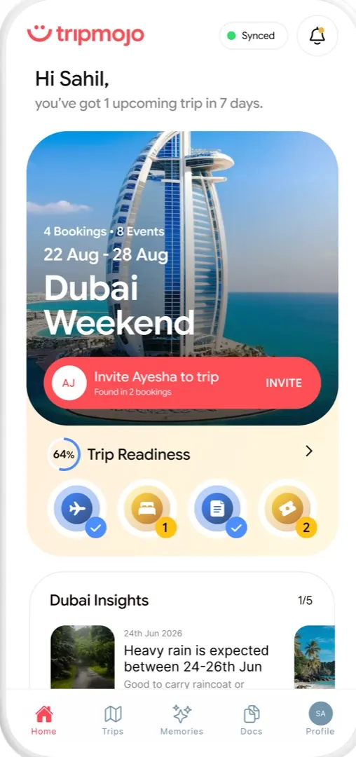 Tripmojo home screen with a Trip Readiness score and smart pre-trip insights for a Dubai trip