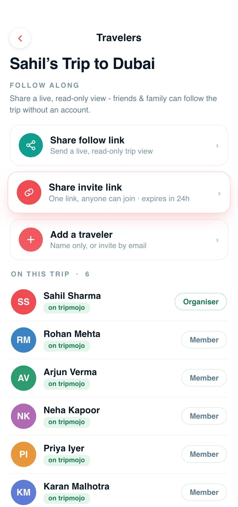 Tripmojo Travelers screen sharing one invite link so co-travellers join the Dubai trip in one tap